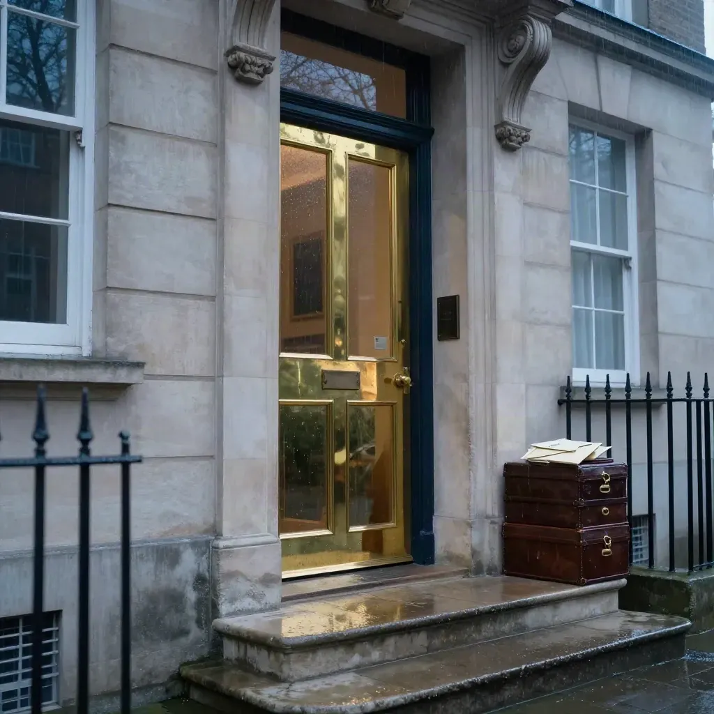 Rain-sheened Georgian law office entrance with brass doorware, case boxes and wet stone steps.