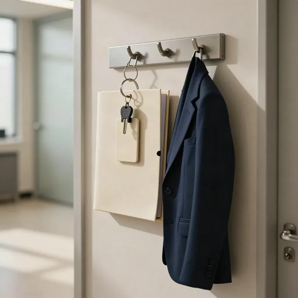 Neat workplace corridor with blazer, binder, keycard sleeve and locker key on a peg rail.