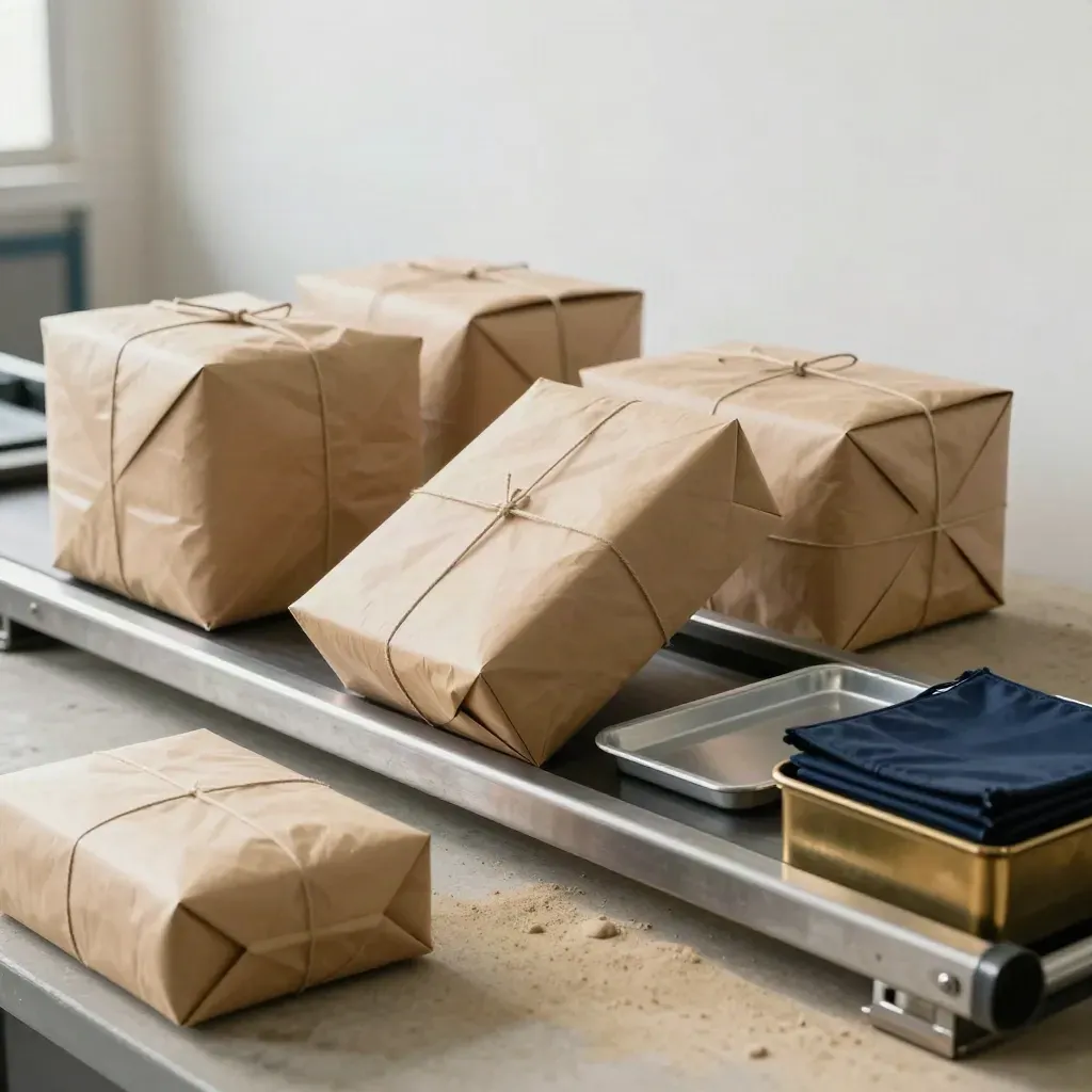 Sealed legal parcels glide from a dispatch tray on a quiet warehouse bench.