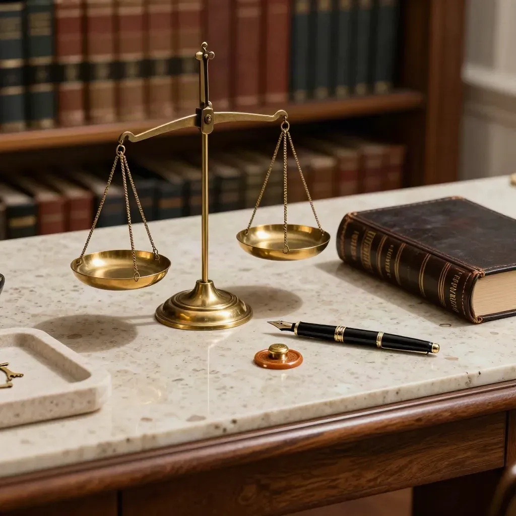 Brass scales, leather law volume, fountain pen and wax seal on travertine in a law library.