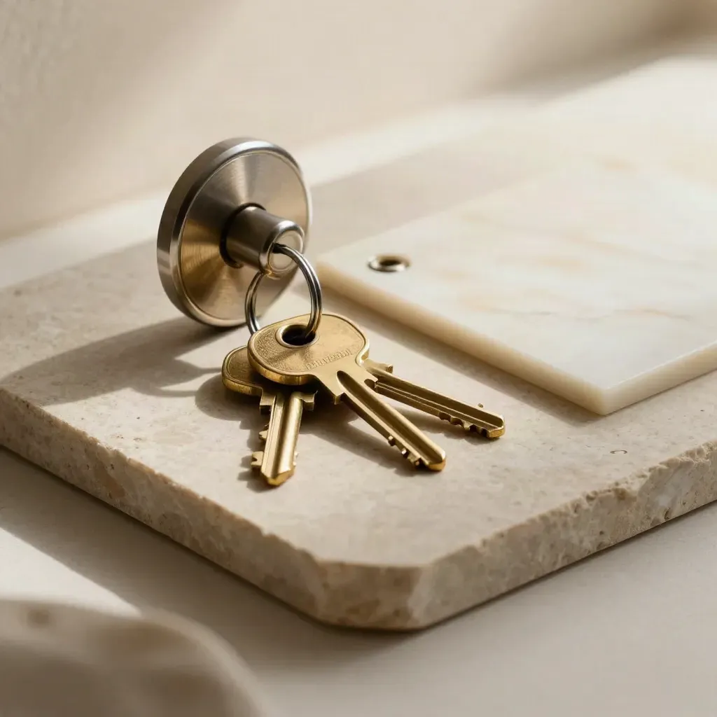 Brass keys, lock hardware and marble plaque on limestone, lit by a dramatic hard studio light.