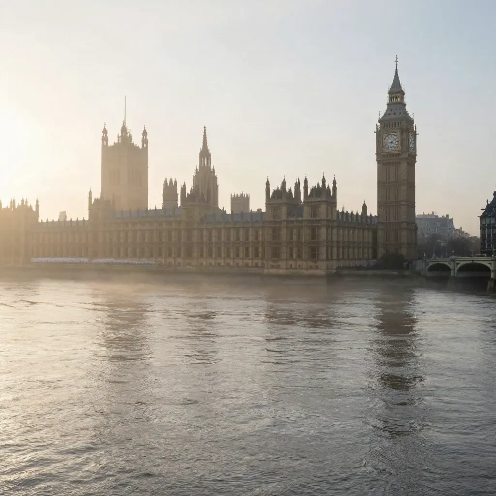 Westminster silhouette above the Thames at dawn, misty water and calm copy space below.