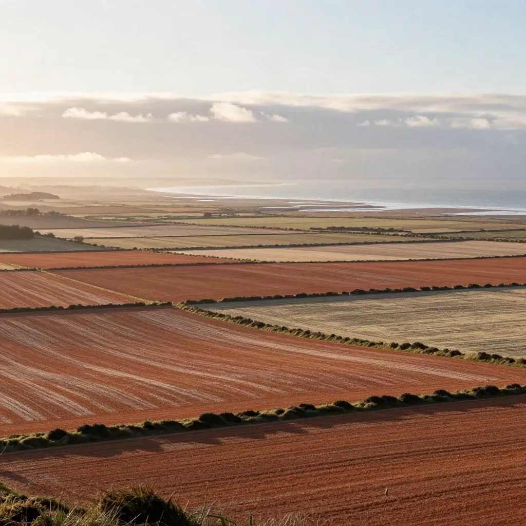 Dawn aerial of terracotta fields fading into a slate coastline under mist.
